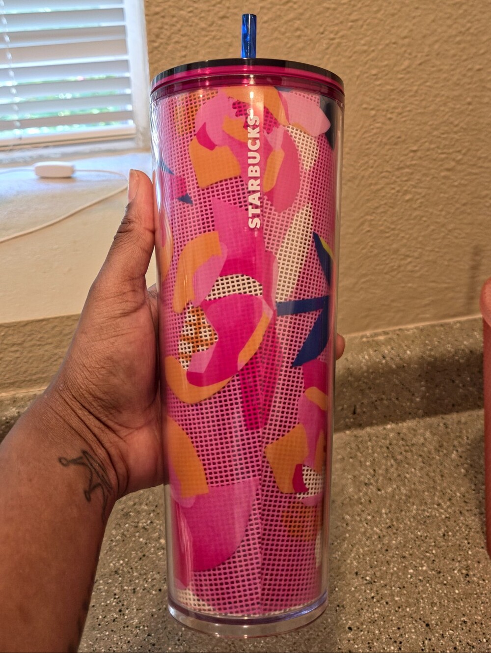 Starbucks Pink and Blue Abstract Cold Tumbler with Blue Straw